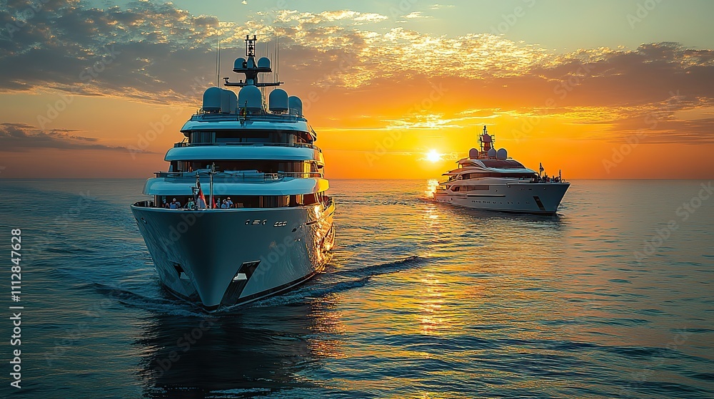 Poster two super yachts one with crew and a tender working on deck at the back are anchored in the gulf of 