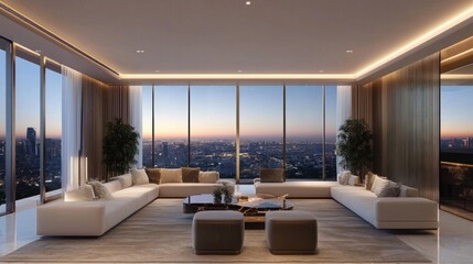 Fototapeta premium Luxury Penthouse Apartment with Stunning City Skyline Views at Dusk