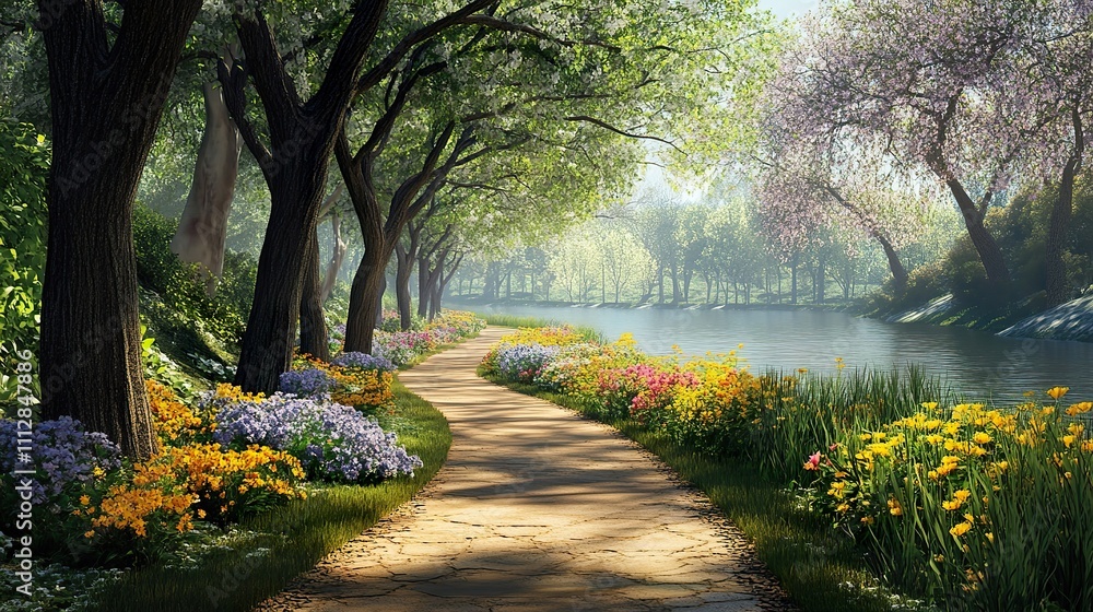 Poster scenic riverside path lined with trees and flowers in full bloom