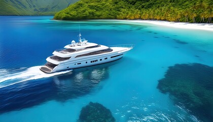 Naklejka premium Luxury yacht cruising in turquoise waters near a tropical island with lush greenery and palm trees