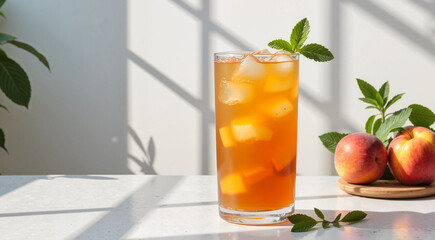 Peach iced tea with mint in glass with ice on white table in sunlight