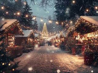 Obraz premium A festive winter market scene adorned with lights and snow.