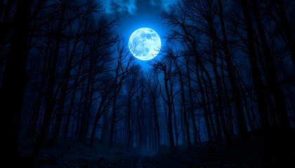 Fototapeta premium Dark magic mystery night forest. Blue moonlight Halloween backdrop isolated with white highlights, png