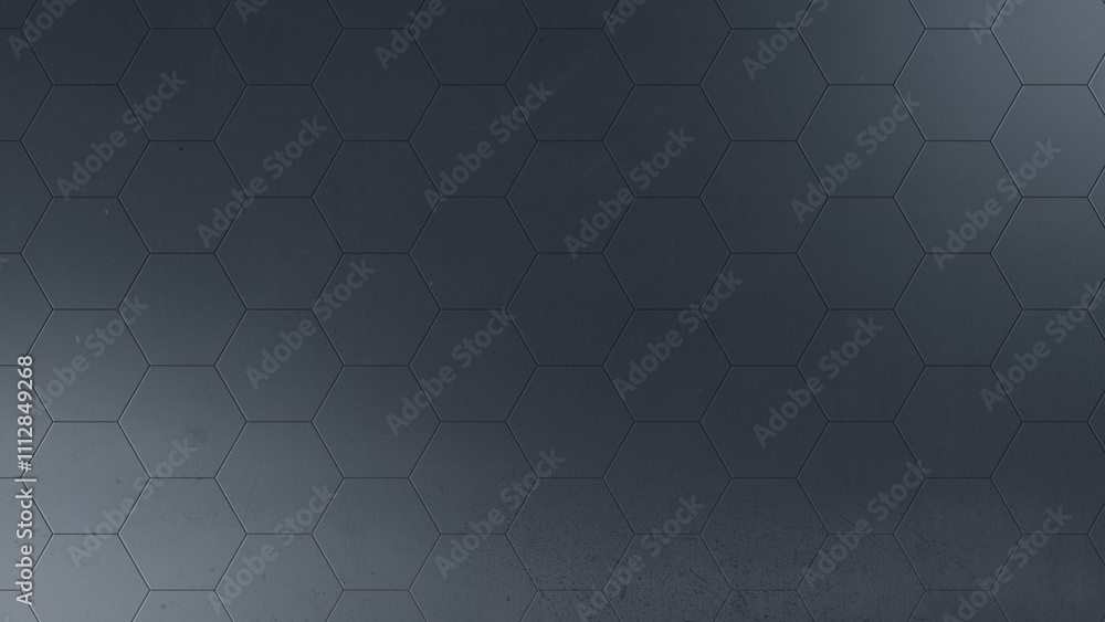 Poster dark gray hexagon or honeycomb pattern with light effect and dirty metallic texture and hue. abstrac