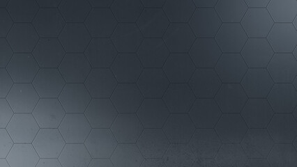 Dark gray hexagon or honeycomb pattern with light effect and dirty metallic texture and hue. Abstract and modern background in 4k resolution with copy space.