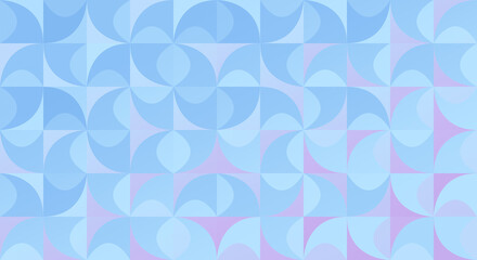 Repeating pattern of curved geometric shapes in various shades of blue on a pink background. Abstract, bright and vibrant retro Bauhaus pattern illustration, copy space.
