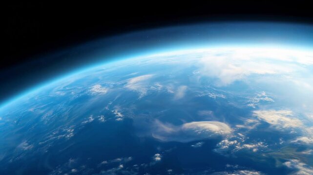 Realistic Earth from space, showcasing the planet's blue atmosphere and cloud formations against the dark backdrop of space. Concept of planet Earth and space exploration