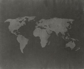 World map on a weathered and aged paper, dark tones. High resolution full frame textured paper background. Old looking vintage world map.