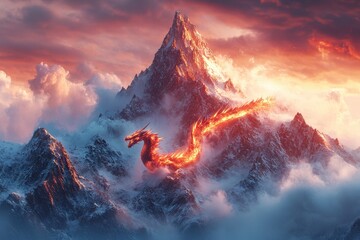 Fototapeta premium A fiery dragon soaring over a majestic mountain landscape at sunset.