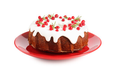 Traditional Christmas cake decorated with currants and rosemary isolated on white