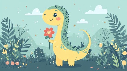 A cute yellow dinosaur is holding a flower in a field.