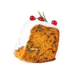 Piece of traditional Christmas cake decorated with red currants and rosemary isolated on white