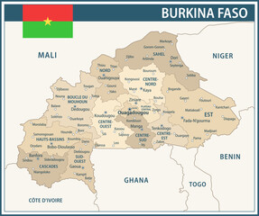 Burkina Faso Map Vector Vintage Dark Blue Beige - Customizable layered political map of Burkina Faso with administrative divisions for website, education, reports, news, politics, print, poster