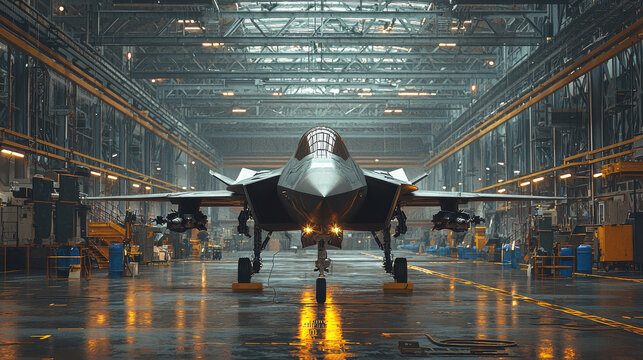 Advanced fighter jet in modern hangar with reflections on wet floor, military airplane at factory, concept of plane, war, industry.
