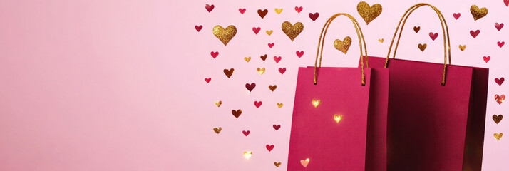 Red shopping bags and golden hearts on light pink background with space for text. Valentine's Day shopping