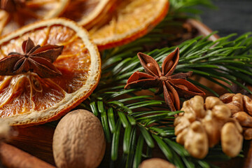 Different spices, dried orange slices and fir tree branches on table, closeup. Christmas season