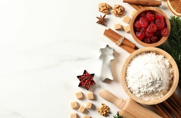 Different aromatic spices and fir tree branches on white table, flat lay with space for text. Christmas season