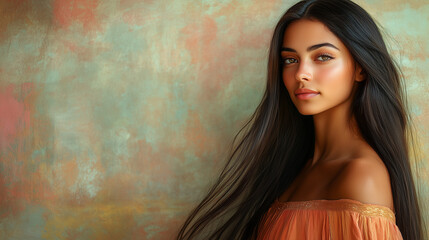 Fototapeta premium Young woman with a confident expression posing in an off-shoulder blouse against a textured background