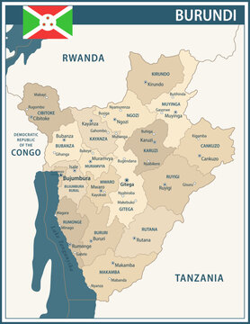 Burundi Map Vector Vintage Dark Blue Beige - Customizable layered political map of Burundi with administrative divisions for website, education, reports, news, politics, print, poster and wallpaper