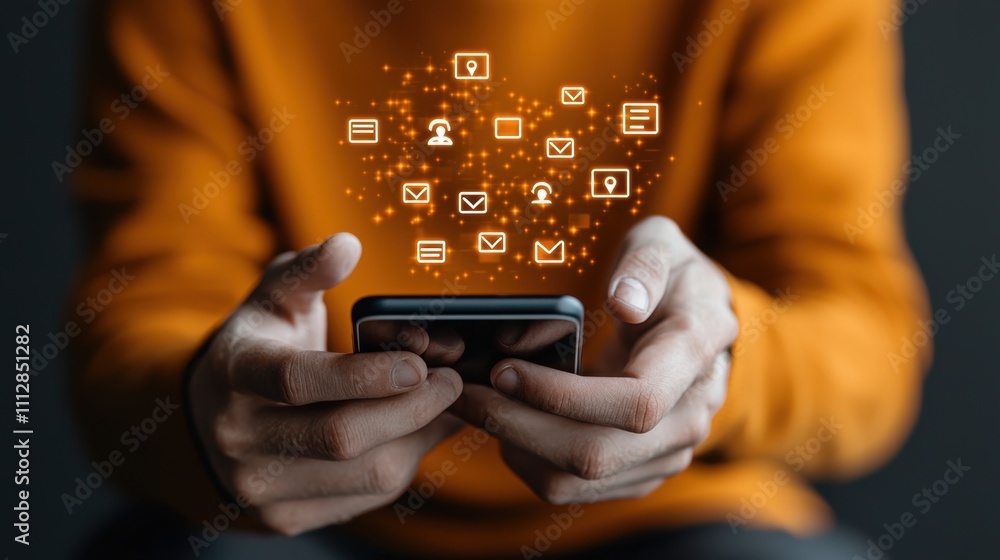 Poster hands holding a smartphone with glowing communication icons hovering above