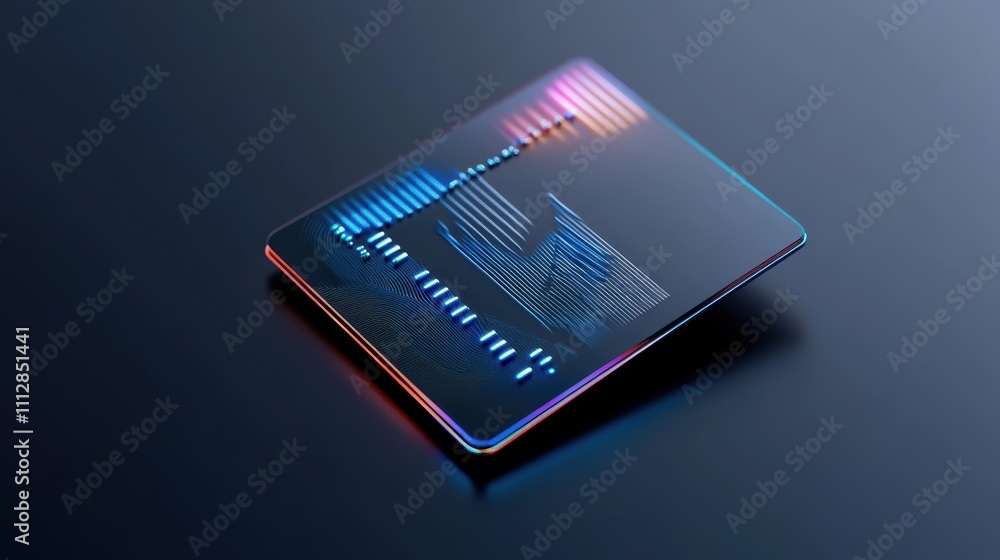 Poster futuristic digital card with glowing blue and orange lines and patterns on a reflective surface.
