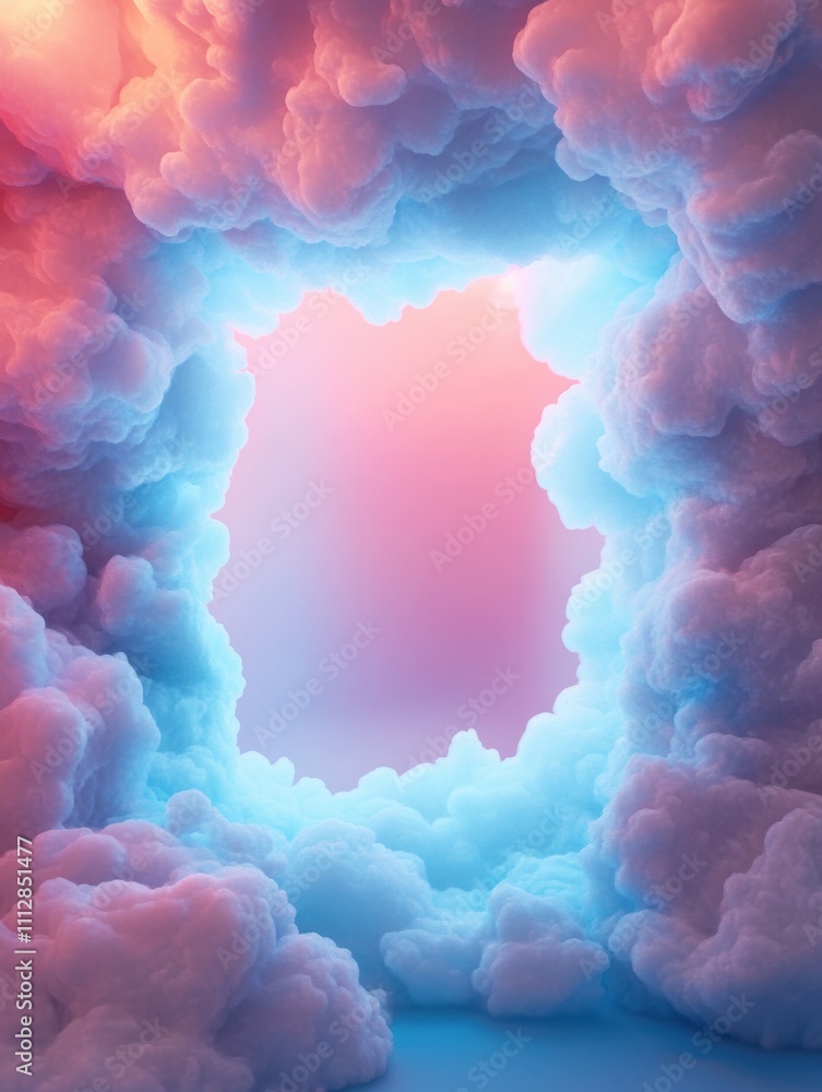Poster fluffy clouds with glowing edges create a dreamy atmosphere, surrounded by a soothing pastel gradien