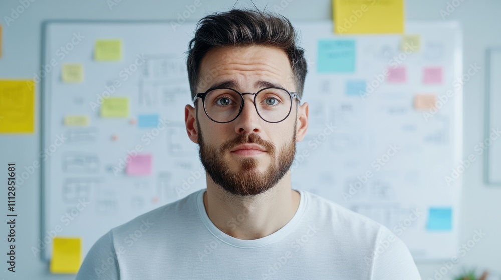 Aufkleber portrait of a man with glasses and a beard in front of a whiteboard with sticky notes.