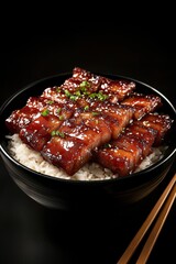 Delicious glazed meat served over a bed of fluffy white rice. A savory and satisfying meal, perfect for a quick lunch or dinner.