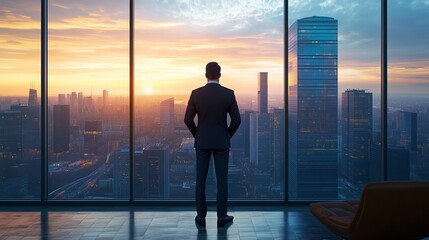 Fototapeta premium Business leader contemplates cityscape at sunrise from high-rise office
