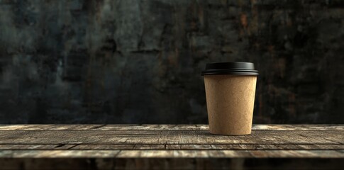 Naklejka premium A disposable coffee cup sits on a rustic wooden table against a dark background.