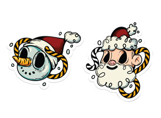 Bright and stylish vector stickers with Santa Claus and a snowman: a festive mood in every stroke! Colorful illustrations, highlighted on a light background, are ideal for decoration and design