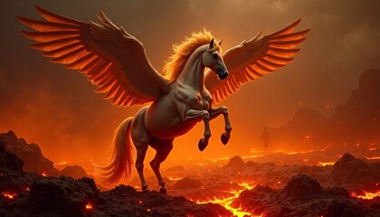 Majestic Winged Horse Ascending Above Fiery Lava Landscape