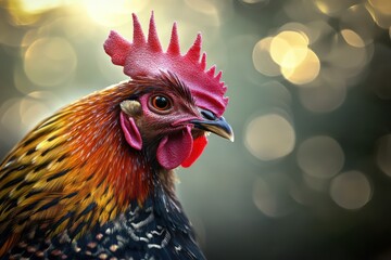 A detailed shot of a fancy chicken with a colorful feather mix of red, yellow, and black, with a soft golden glow highlighting its sharp features.