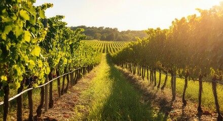 Naklejka premium Tranquil vineyard rows in sunlit countryside landscape