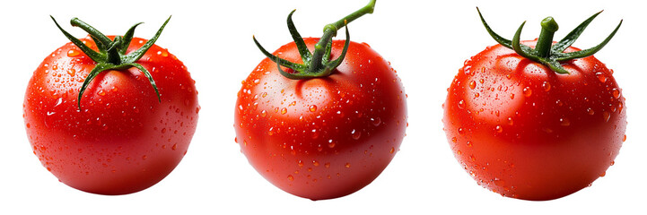 Set of red tomato with glistening droplets of water isolated on a transparent background