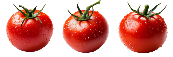 Set of red tomato with glistening droplets of water isolated on a transparent background