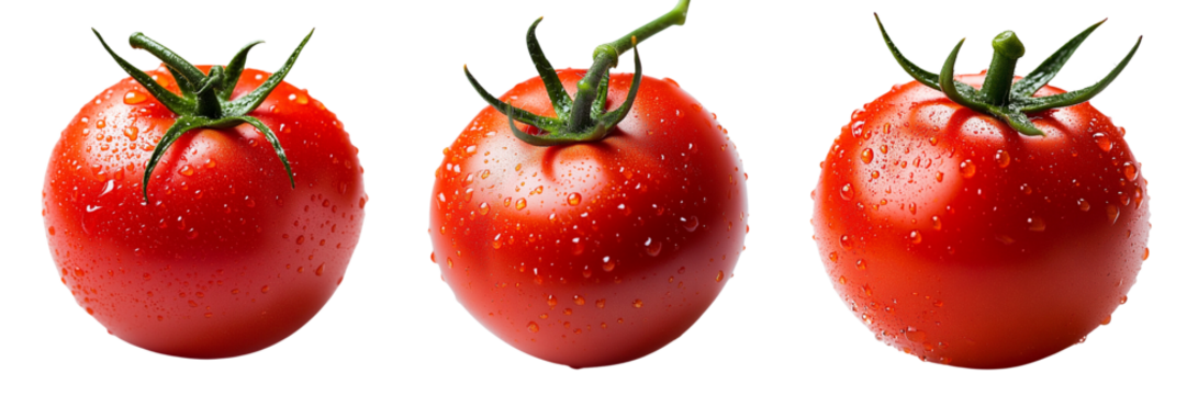 Set of red tomato with glistening droplets of water isolated on a transparent background