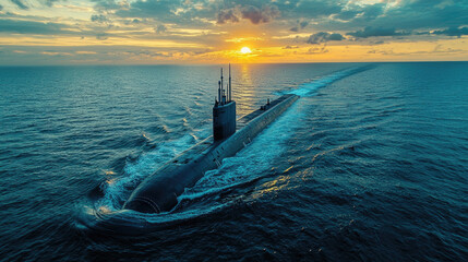 Modern military submarine navigating the ocean at sunset, concept of sea, water, surface.