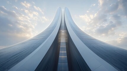 A futuristic architectural structure with sleek, curved lines and a bright sky.