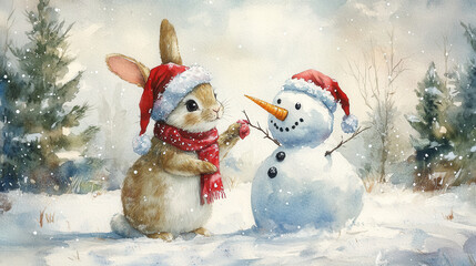 cute rabbit wearing red scarf and hat interacts with snowman in snowy landscape, creating joyful winter scene