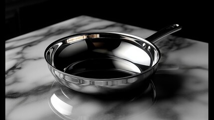 High-Resolution Image of Gleaming Stainless Steel Frying Pan on Marble Countertop, Ideal for Culinary Websites, Cookbooks, and Kitchenware Advertising