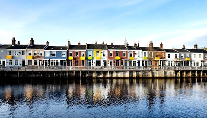 Obraz premium Row of colorful quaint charming homes houses along a riverwalk with reflections on the water decorated for Christmas in the winter with snow 