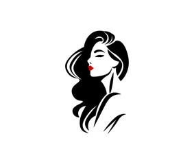Vector illustration of black and white silhouette of a girl's face with curls and red lips	