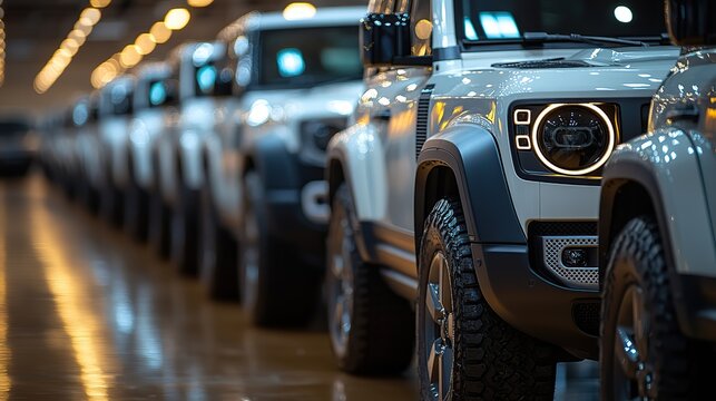 white suvs are arranged in a row a collection of standard modern vehicles transportation a fleet of luxury off road vehicles with a generic nameless design separated against a dark backdro