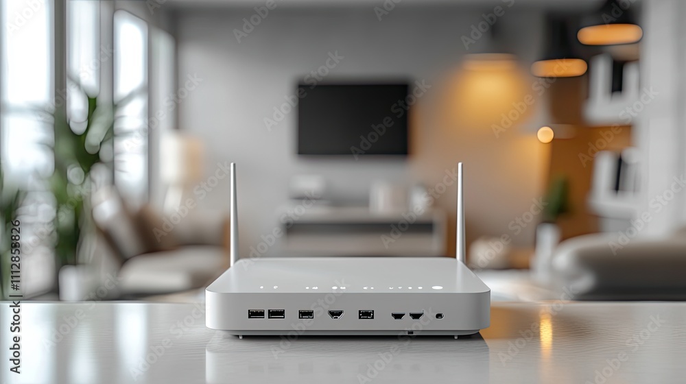 Poster white wifi router wireless broadband modem with antennas in front and perspective view ethernet router for network connection and internet access isolated on white backgroun