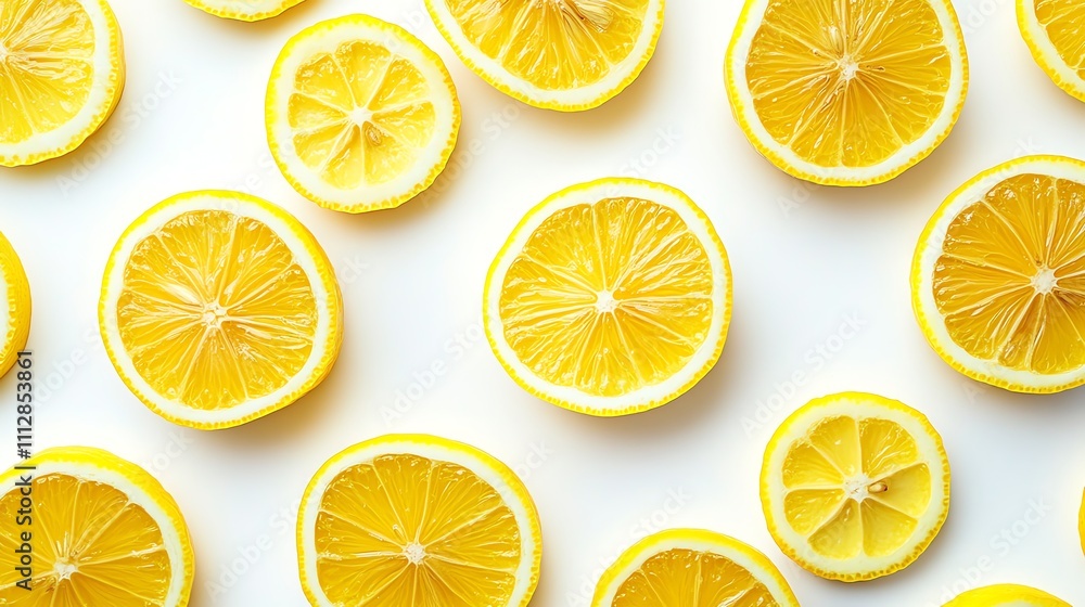 Poster fresh lemon slices arranged in a pattern on a white background.