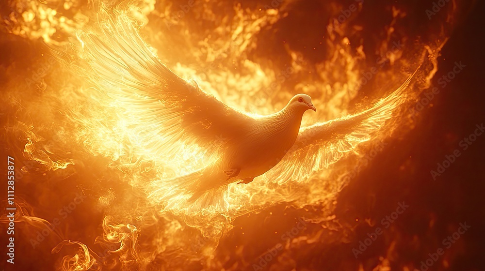 Poster winged dove in flames a representation of the new testament holy spirit with copy space