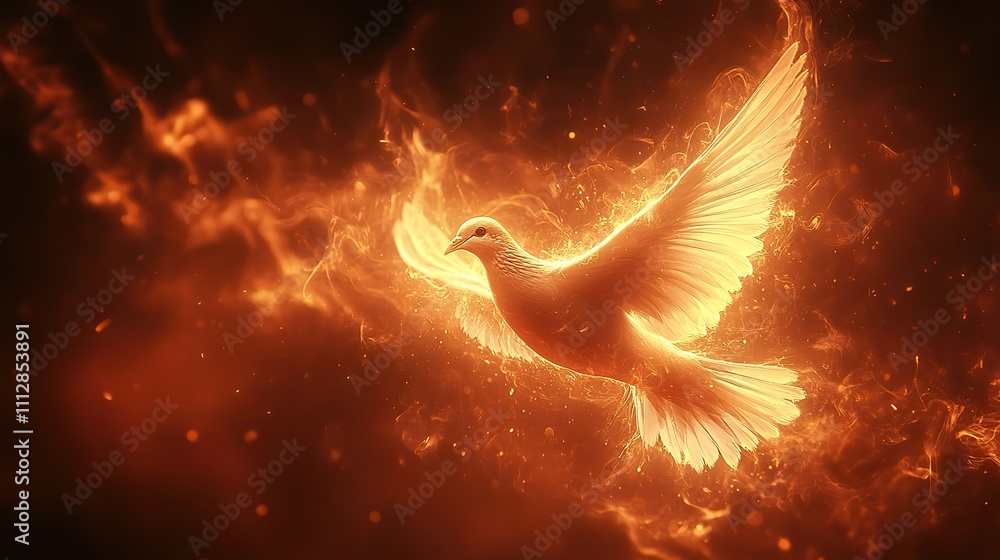 Poster winged dove in flames a representation of the new testament holy spirit with copy space