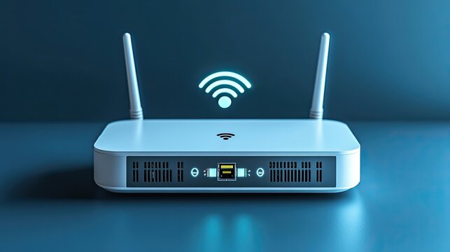 white wifi router wireless broadband modem with antennas in front and perspective view ethernet router for network connection and internet access isolated on white backgroun