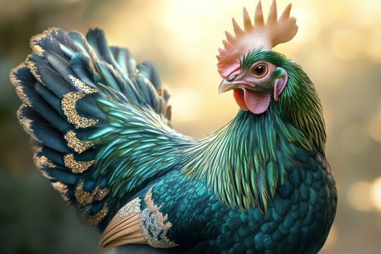A fancy chicken with emerald green and turquoise feathers, a large comb, and distinctive golden accents on its wings, captured with high detail in soft morning light. - Powered by Adobe